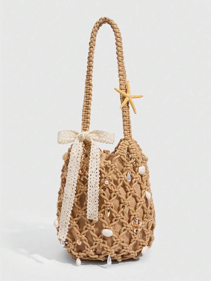 Fairycore 1pc Fashionable Personalized Spring/Summer Beach Vacation Style Orange Ocean Woven Beach Bag, Large Size Women Handbag(The Pendant Is In A Separate Package And Can Be Freely Customized For Decoration)