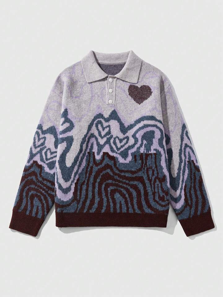 Street Life Men's Heart Pattern Quarter Button Knit Sweater, Street Fashion, Fall/Winter