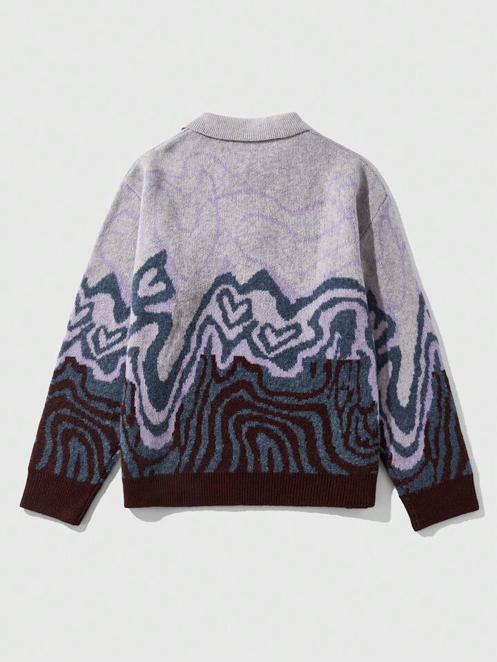 Street Life Men's Heart Pattern Quarter Button Knit Sweater, Street Fashion, Fall/Winter
