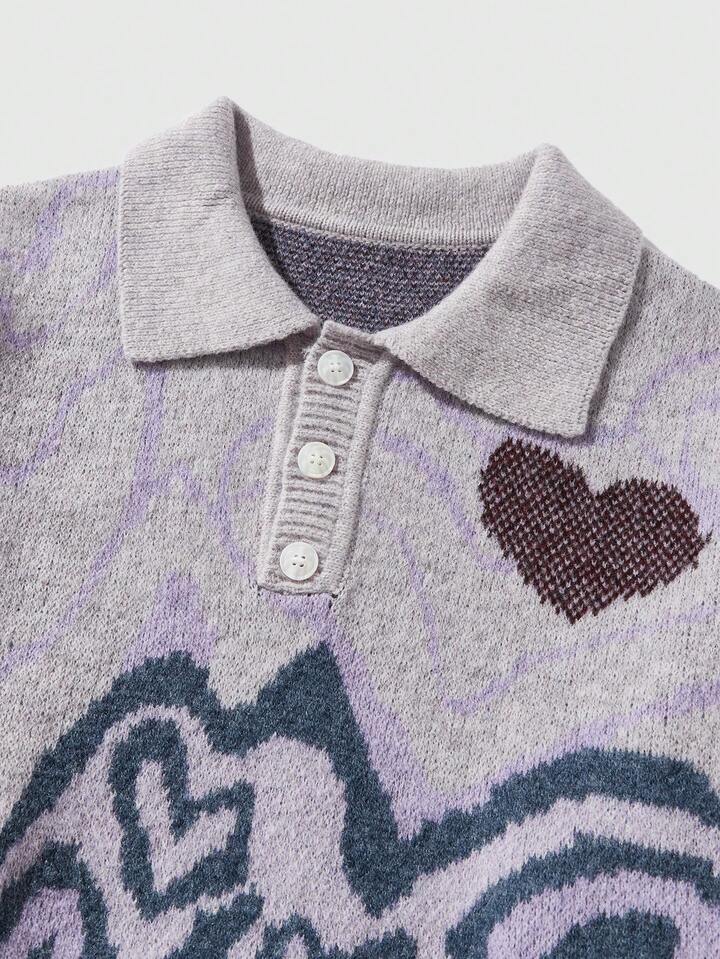 Street Life Men's Heart Pattern Quarter Button Knit Sweater, Street Fashion, Fall/Winter