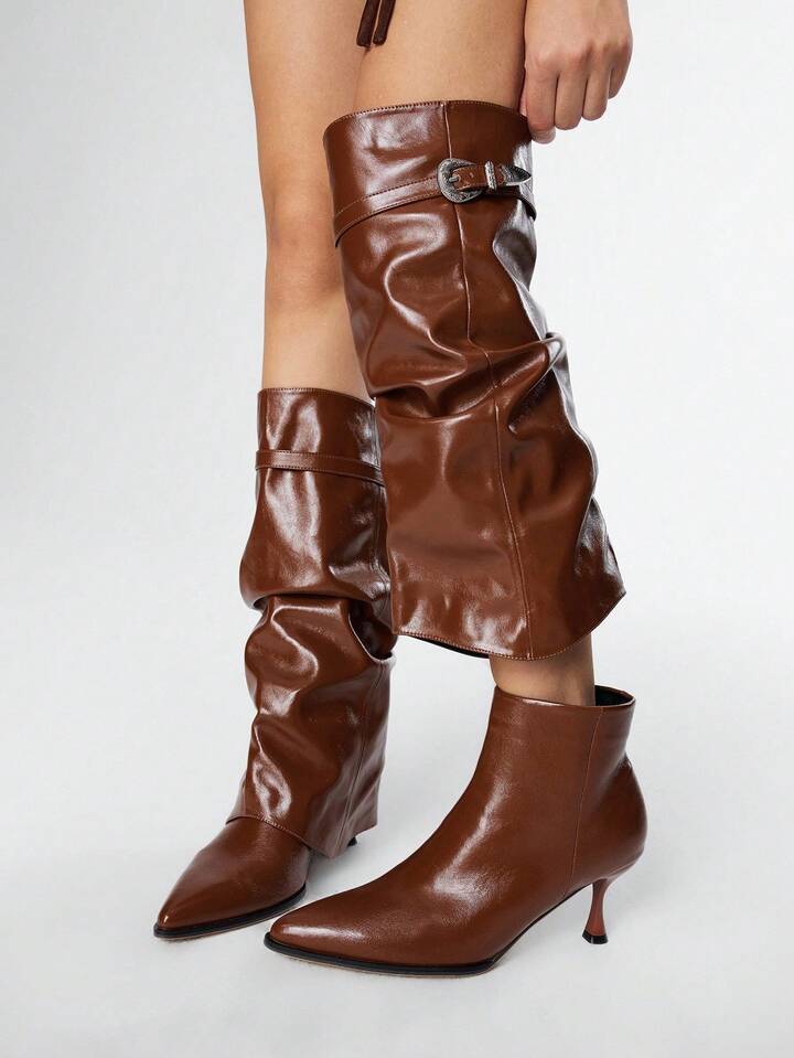 Fairycore Women's Pointed Toe Buckle Design Pleated Fashion High Heel Knee-High Boots (Skinny Leg Boots) 4 Fairycore Women's Pointed Toe Buckle Design Pleated Fashion High Heel Knee-High Boots (Skinny Leg Boots)