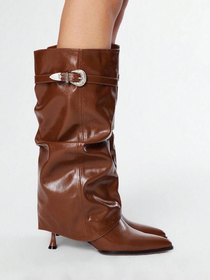 Fairycore Women's Pointed Toe Buckle Design Pleated Fashion High Heel Knee-High Boots (Skinny Leg Boots) 5 Fairycore Women's Pointed Toe Buckle Design Pleated Fashion High Heel Knee-High Boots (Skinny Leg Boots)