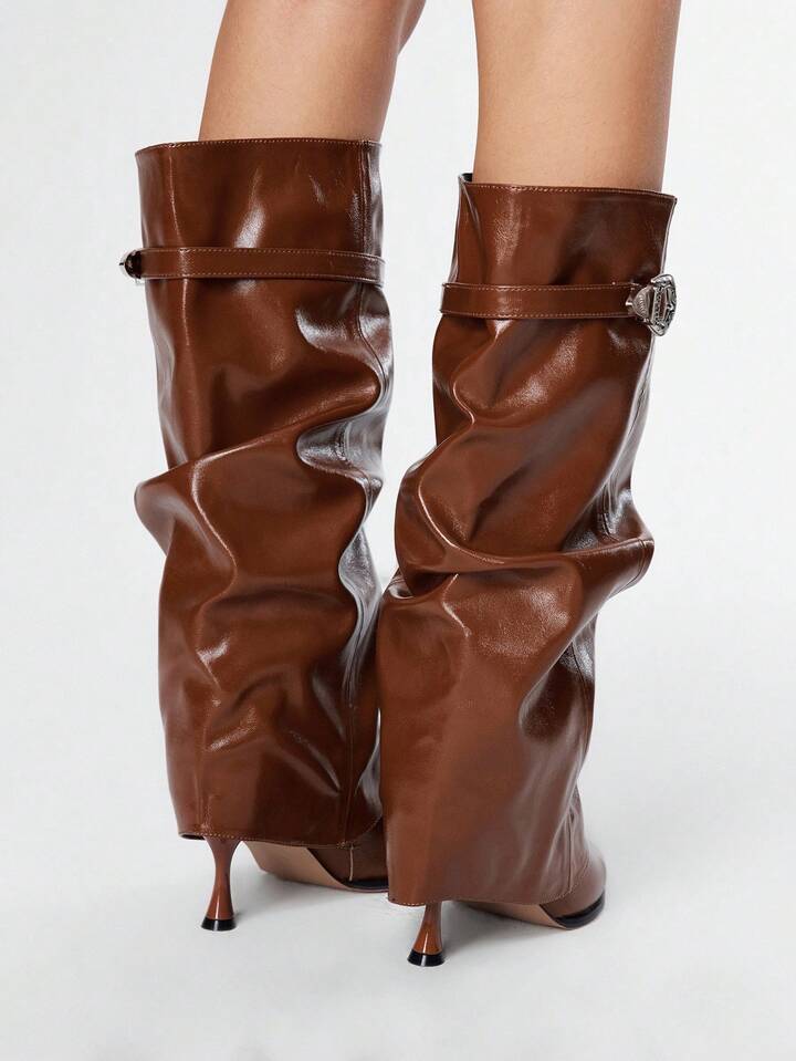 Fairycore Women's Pointed Toe Buckle Design Pleated Fashion High Heel Knee-High Boots (Skinny Leg Boots) 6 Fairycore Women's Pointed Toe Buckle Design Pleated Fashion High Heel Knee-High Boots (Skinny Leg Boots)