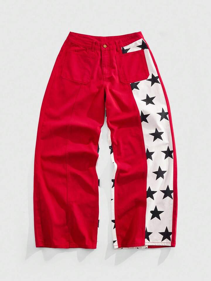 Street Life Men's Star Patchwork Contrast Color Loose Fit Jeans, Grunge