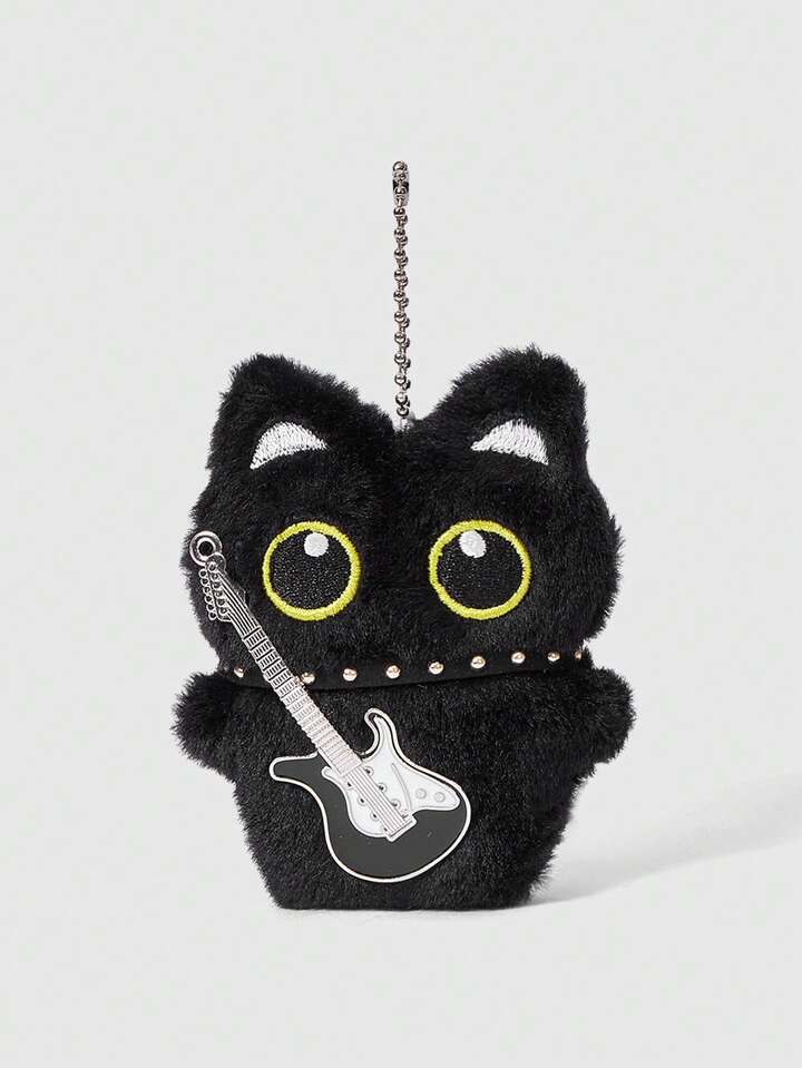 Kawaii 1pc Black Retro Punk Style Plush Guitar Necklace, Black Cat Multifunctional Accessory Clip - Keychain, Bag Charm, Can Be Hung On Bags, Pants, Suitable For Daily, Campus, Shopping, Dating, Etc.