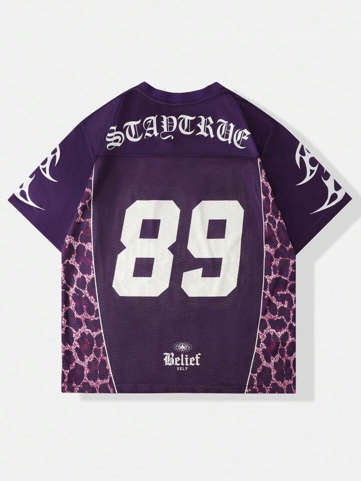 Prep Men's Leopard Print Streetwear Basketball Football Jersey Style Tee, Mesh Fabric Patchwork, Summer