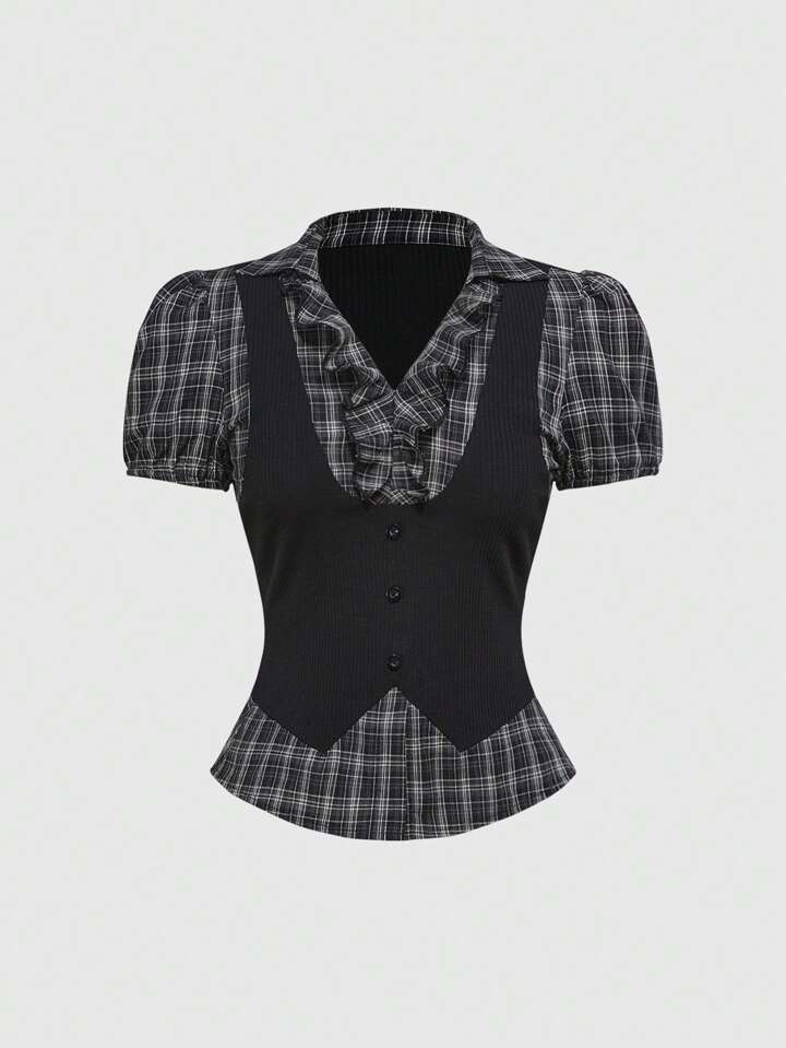 Vintage Gothic Plaid Patchwork 2 In 1 Women Shirt Top, Back To School Summer Outfits