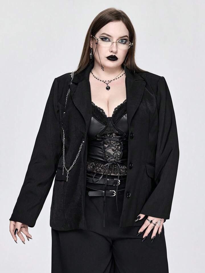 Plus Size Women's Gothic Fashion Chain Decor Black Blazer Jacket, Autumn