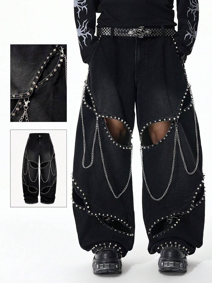 Street Life Men's Fashion Belted Rivet Hollow-Out Jeans