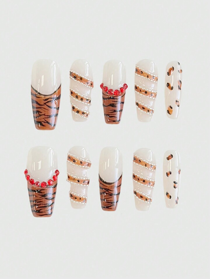 10pcs High Quality Punk Style Leopard Print Handmade False Nails + 3 Sheets Double-Sided Adhesive, Y2K Gothic Chain Leopard Nail Arts, Removable & Reusable, Suitable For Festivals, Parties, Dancing & Daily Wear, Halloween