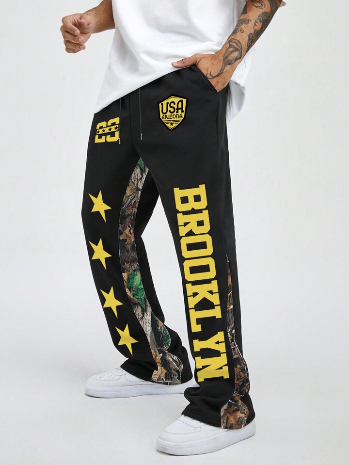 ROMWE Avant Men's Camo Printed Color Block Flared Sweatpants, Suitable For Spring & Summer