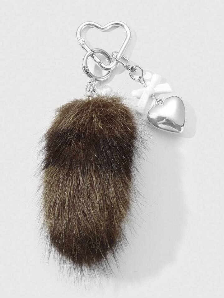 Grunge Punk 1pc Retro Stylish Cute High-Quality Brown Striped Faux Fur Mini Animal Tail Resin Bow CCB Heart DIY Keychain Bag Charm, Suitable For Women/Girls Daily Wear, Holiday Gift