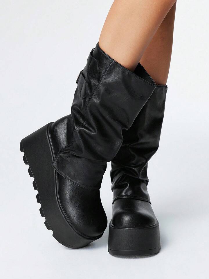 Grunge Punk 2025 Autumn/Winter New Round Toe Thick Sole Punk Style Buckle Design Leg Pants Leather Outdoor Fashion Slip-On Mid-Calf Boots For Christmas
