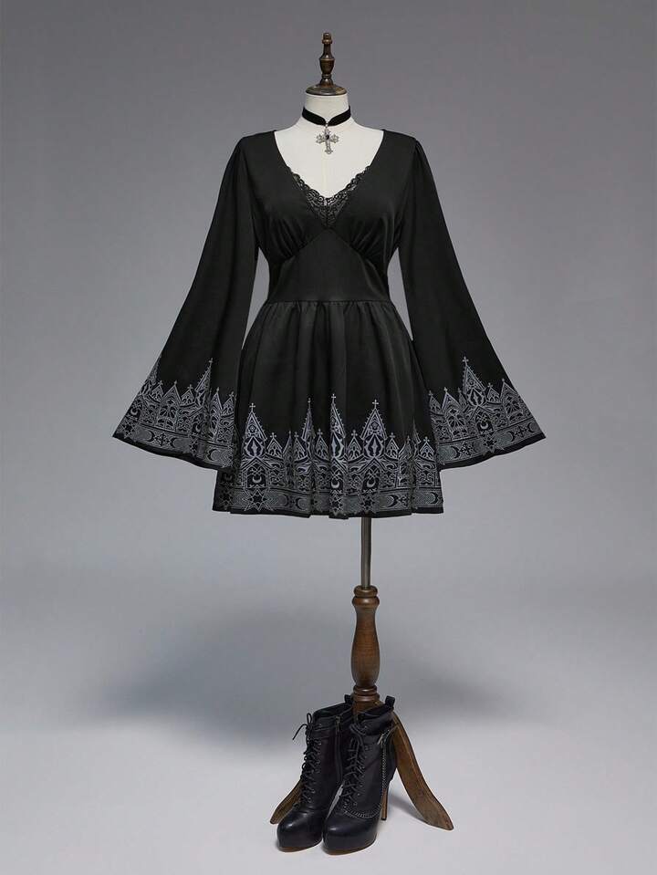EDITION Plus Size Dark Castle Print Halloween Outfit Flare Sleeve Dress