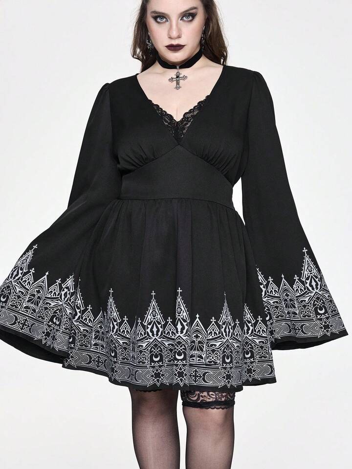 EDITION Plus Size Dark Castle Print Halloween Outfit Flare Sleeve Dress