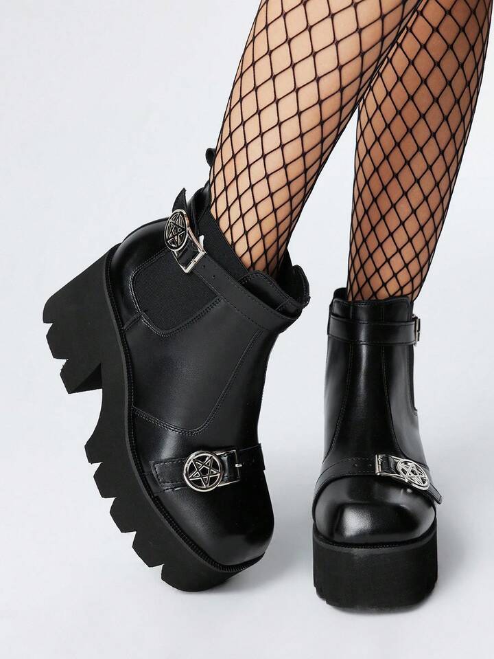 Gothic Style Chunky Heel Punk Boots, PU Leather Black High Heel Boots Suitable For Party, Daily Wear, Evening Dress, Height Increasing And Leg Lengthening, Halloween