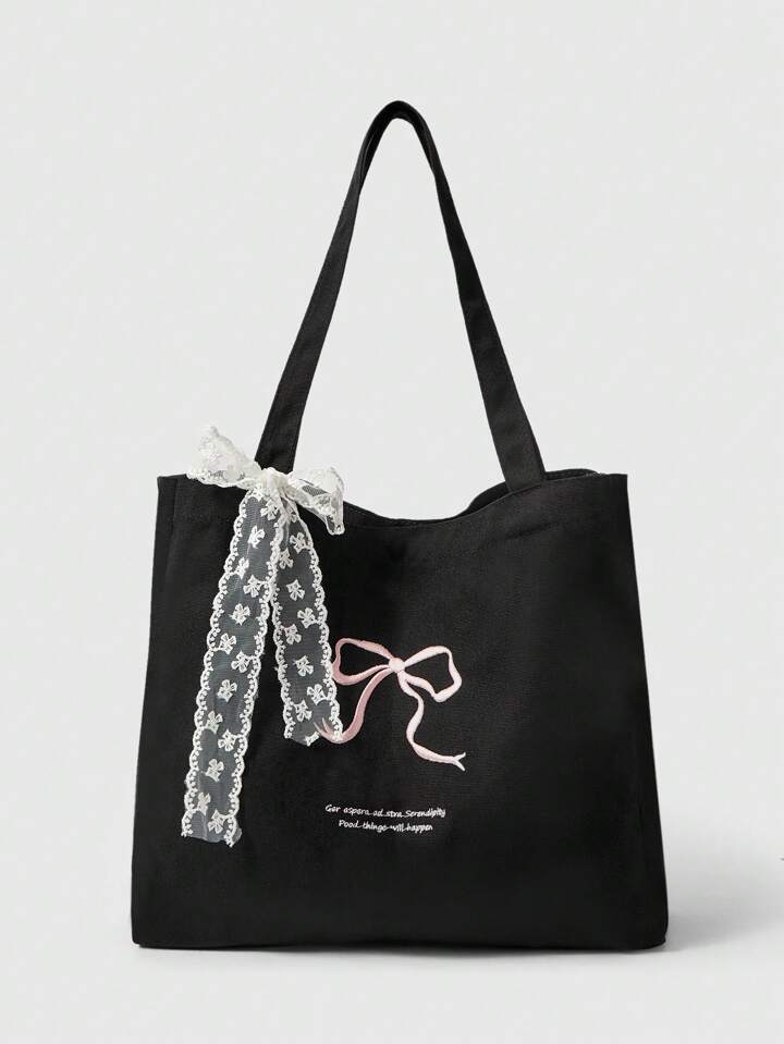 Kawaii Bow Embroidery Canvas Tote Bag + White Lace Bow Decor Ladies Shoulder Bag, Tote Bags For Women, College Essentials