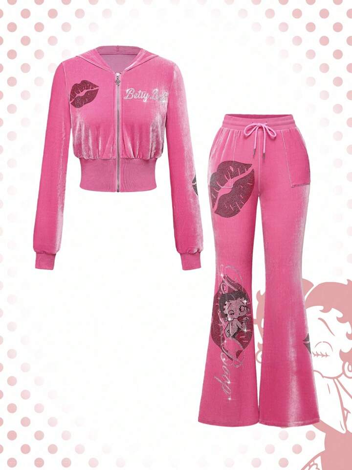 Betty Boop | ROMWE Y2K Rhinestone Lips Pattern Zip Up Hooded Velvet Sweatshirt & Flare Pants Set For Women