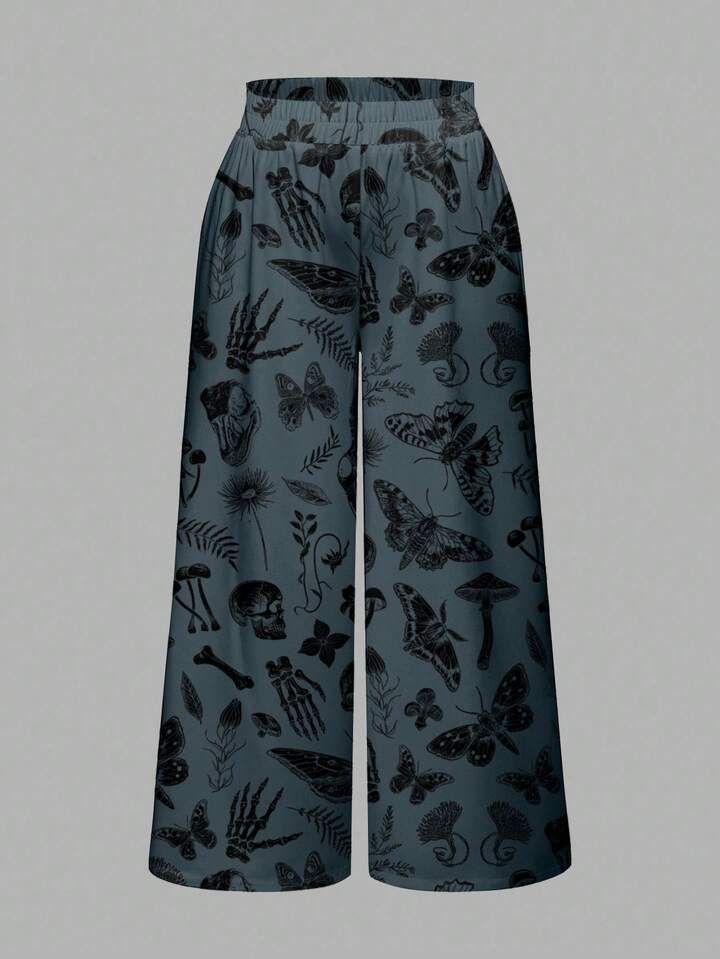 Plus Size Women Gothic Dark Mysterious Witch Skull Moth Plant Butterfly Mushroom Leaf Print Loose Wide Leg Pants