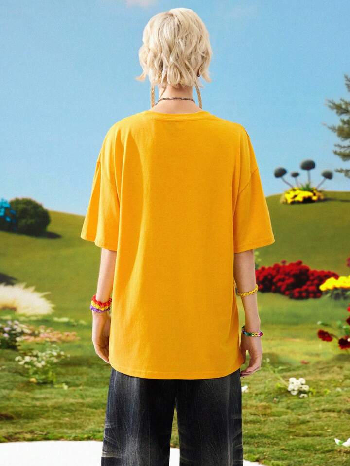 Teletubbies X ROMWE Cute Balloon Cloud Pattern Loose Fit Yellow Women T-Shirt