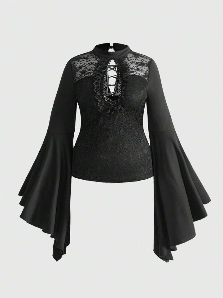 EDITION Christmas Plus Size Gothic Lace Sexy Hollow Design Flare Sleeve Top