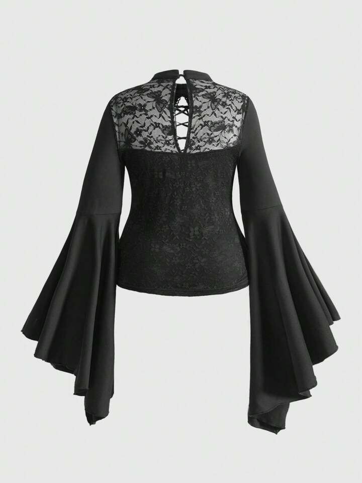 EDITION Christmas Plus Size Gothic Lace Sexy Hollow Design Flare Sleeve Top