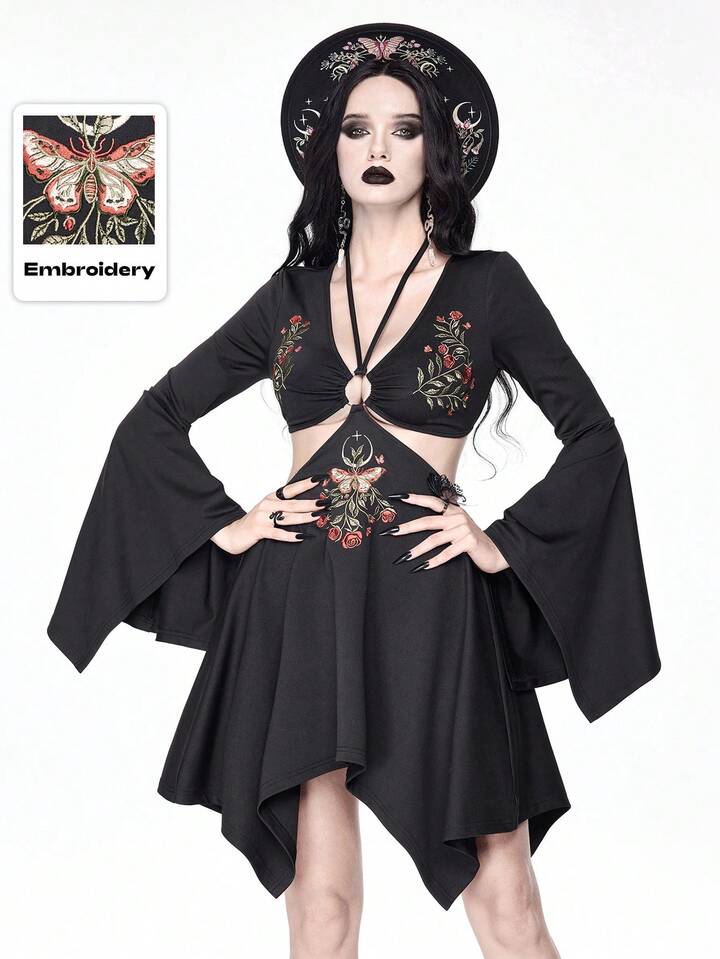 Goth Vintage Floral Butterfly Embroidery Hollow Waist Asymmetrical Hem Flare Sleeve Dress For Women