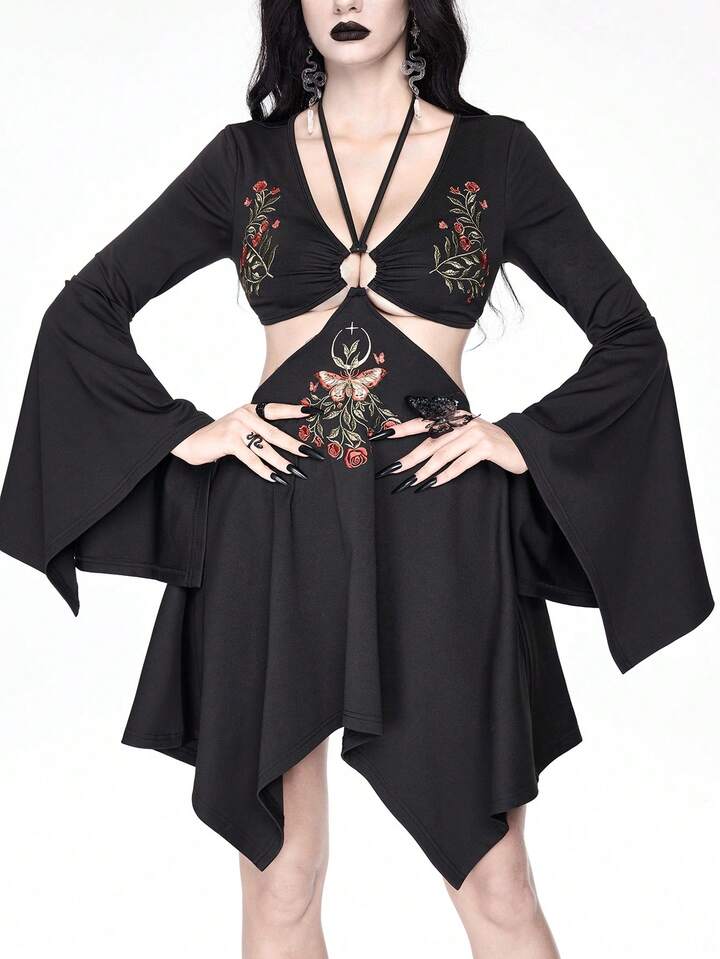 Goth Vintage Floral Butterfly Embroidery Hollow Waist Asymmetrical Hem Flare Sleeve Dress For Women