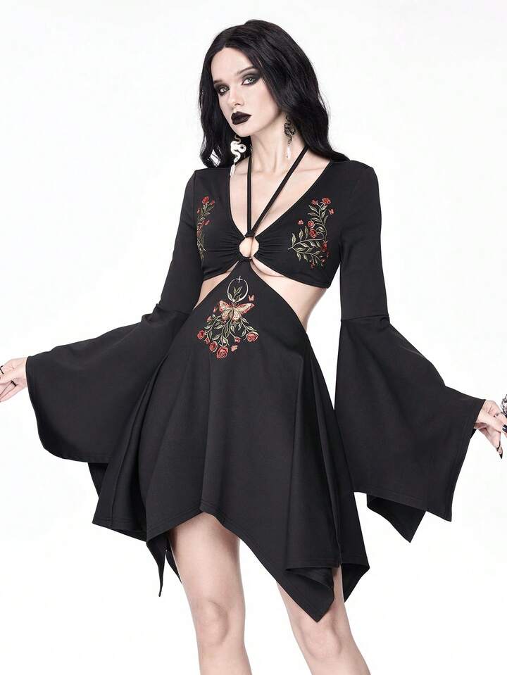 Goth Vintage Floral Butterfly Embroidery Hollow Waist Asymmetrical Hem Flare Sleeve Dress For Women
