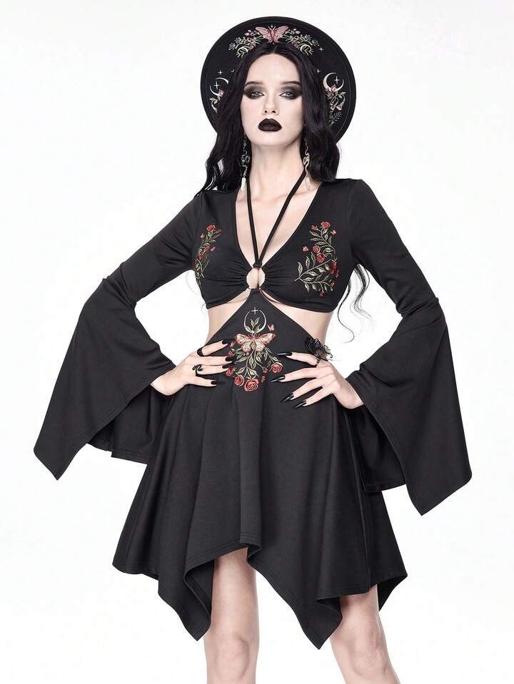 Goth Vintage Floral Butterfly Embroidery Hollow Waist Asymmetrical Hem Flare Sleeve Dress For Women