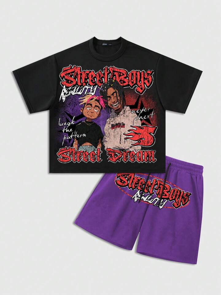 Street Life 1pc Men's Street Hip Hop Figure Loose Cropped Print T-Shirt Set