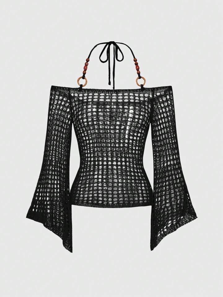 Fairycore Y2K Vintage Perforated Design Wood Bead Decor Loose Knit Sweater, Versatile