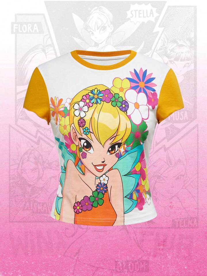 Winx Club X ROMWE Women's Colorblock Figure Graphic Round Neck Short Sleeve T-Shirt, Spring/Summer