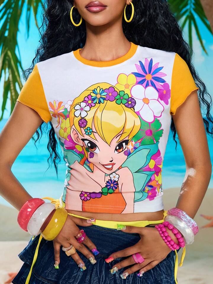 Winx Club X ROMWE Women's Colorblock Figure Graphic Round Neck Short Sleeve T-Shirt, Spring/Summer 6 Winx Club X ROMWE Women's Colorblock Figure Graphic Round Neck Short Sleeve T-Shirt, Spring/Summer