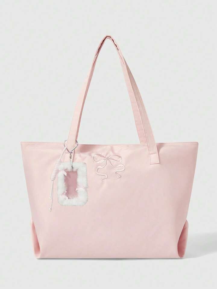 Kawaii Floral Pattern 84225 - Bow Embroidery Large Capacity Shoulder Bag, Fashionable Oxford Cloth Tote Bag, Fashionable Tote Bag With Zipper, Fashionable Bow Purse For Women, Tote Bags For Women, College Essentials