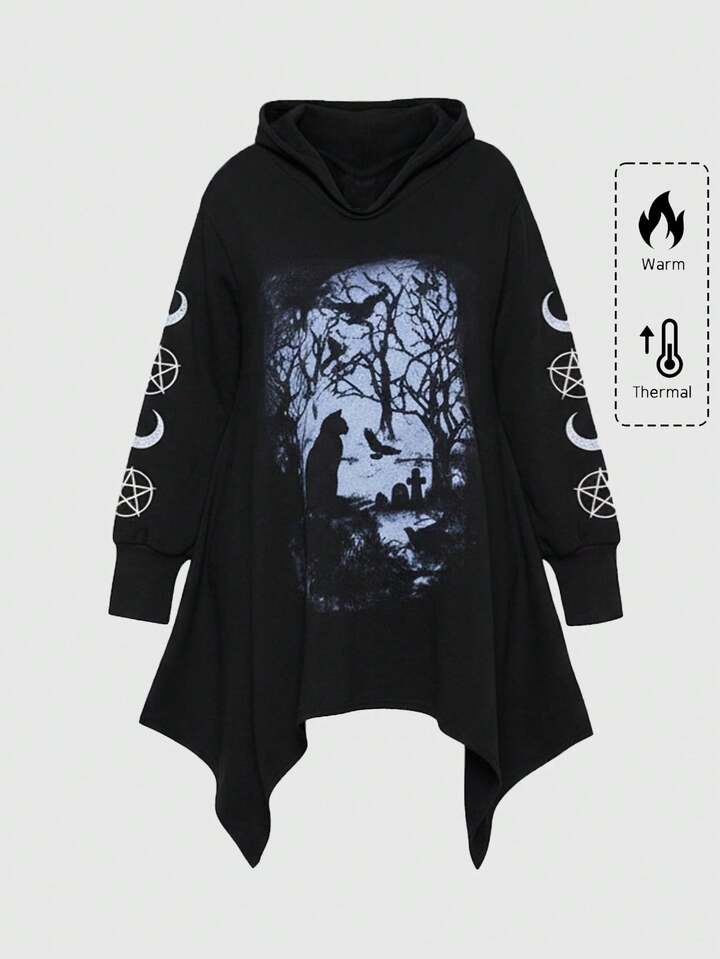 Plus Size Gothic Bat, Forest, Star & Moon Pattern Asymmetric Hem Hooded Black Sweatshirt, Casual Plus Size Women Sweatshirt For Autumn/Winter, Daily Wear Plus Size Women Clothing, Gothic Style Plus Size Women Outerwear Sweatshirt