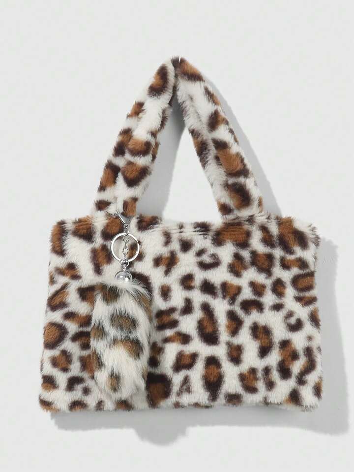 Goth 2pcs Minimalist Casual Cute Versatile Retro Chic College Style Autumn/Winter Faux Rabbit Fur White Leopard Tiger Print Animal Pattern Handbag + Faux Fluffy Leopard Mini Animal Tail Keychain Bag Charm Combo Set, Suitable For Women Commute Daily Use, Holiday Gift