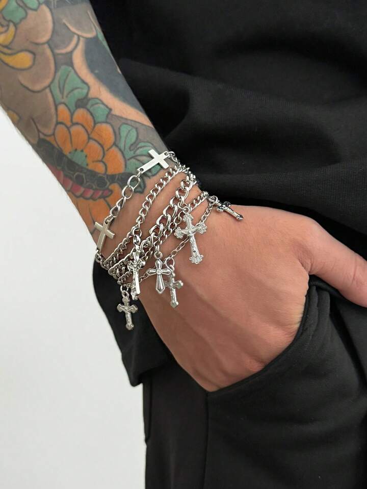 Goth 5pcs Punk Cross Bracelet Set, Men's Personalized Hip Hop Metal Accessories, Suitable For Daily Wear, Party, And Holiday Gifts