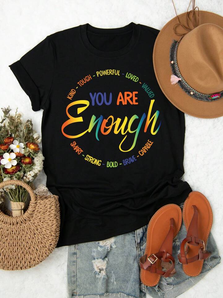 Plus Slogan Graphic Tee KIND TOUGH POWERFUL LOVED VALUED YOU ARE Enough SMART STRONG BOLD BRAVE CAPABLE Women Graphic Tee Top For Summer