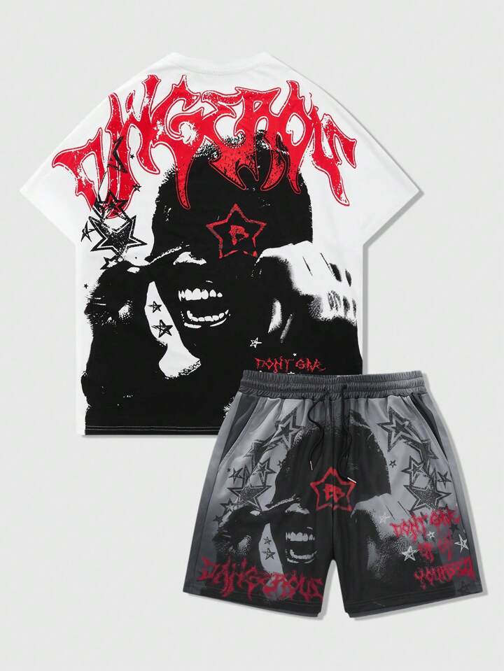 Street Life 2pcs Men Gothic Portrait, Star, Pentagram Printed Short Sleeve T-Shirt And Sport Shorts, Halloween