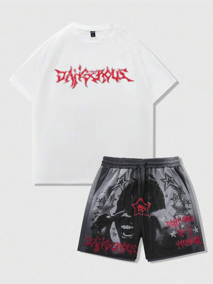 Street Life 2pcs Men Gothic Portrait, Star, Pentagram Printed Short Sleeve T-Shirt And Sport Shorts, Halloween