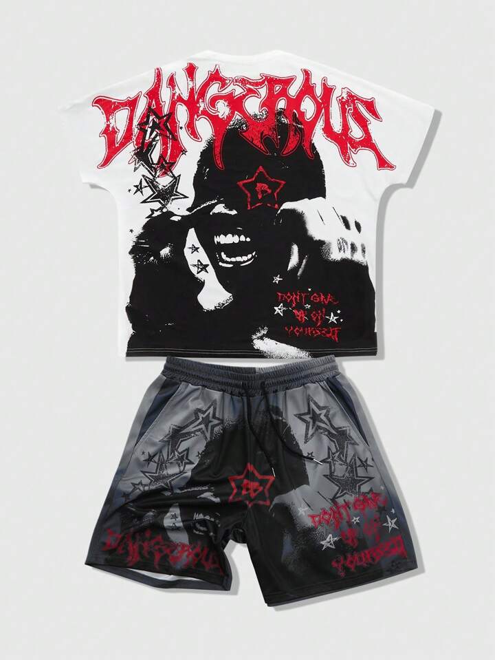 Street Life 2pcs Men Gothic Portrait, Star, Pentagram Printed Short Sleeve T-Shirt And Sport Shorts, Halloween