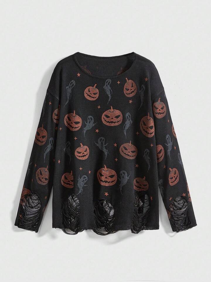 Gothic Pumpkin & Ghost Ripped Knit Pullover Knit Top, Halloween