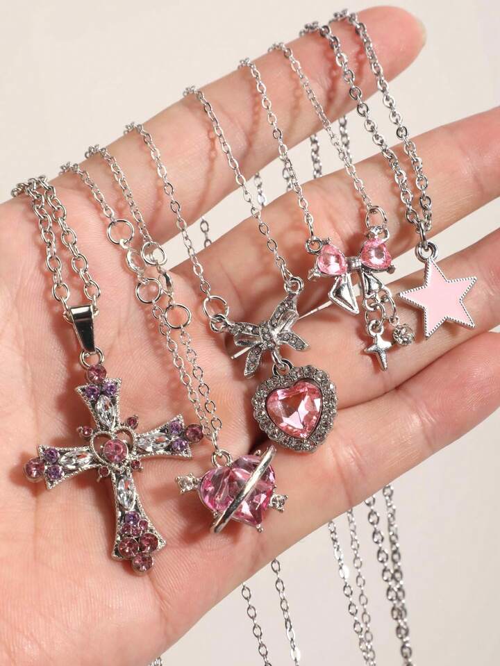 5pcs/Set Gothic Vintage Style Necklace Set Including Cross, Sun, Moon, Moth & Skull Pendant, Halloween