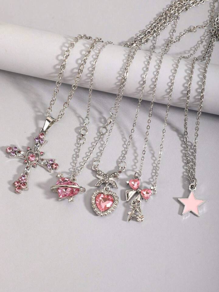 5pcs/Set Gothic Vintage Style Necklace Set Including Cross, Sun, Moon, Moth & Skull Pendant, Halloween