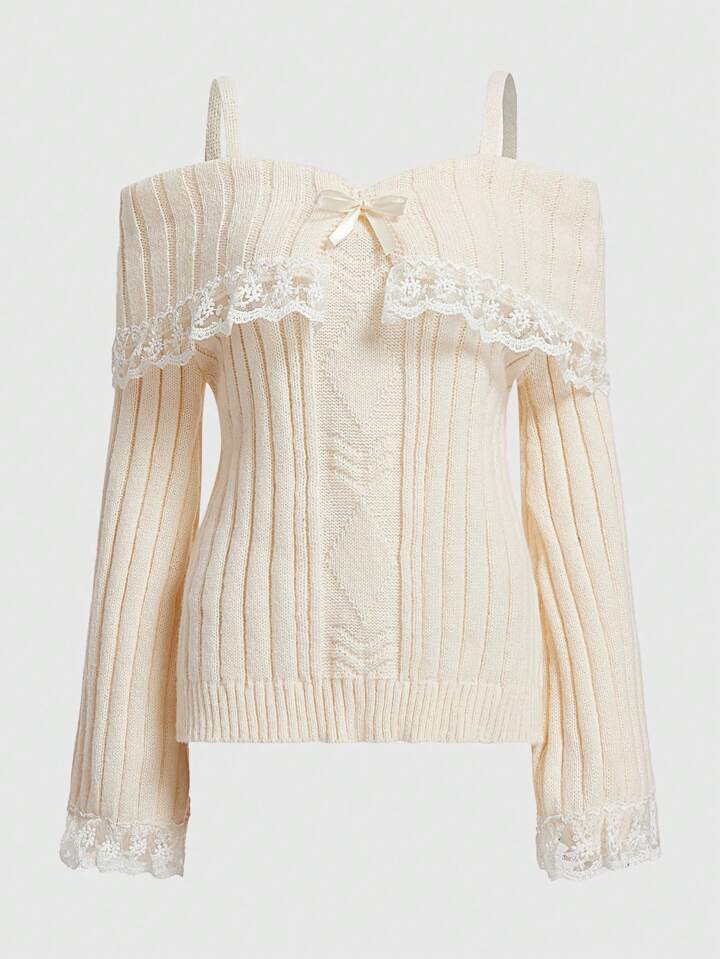 Kawaii Himekaji Contrast Lace Cold Shoulder Long Sleeve Sweater, School