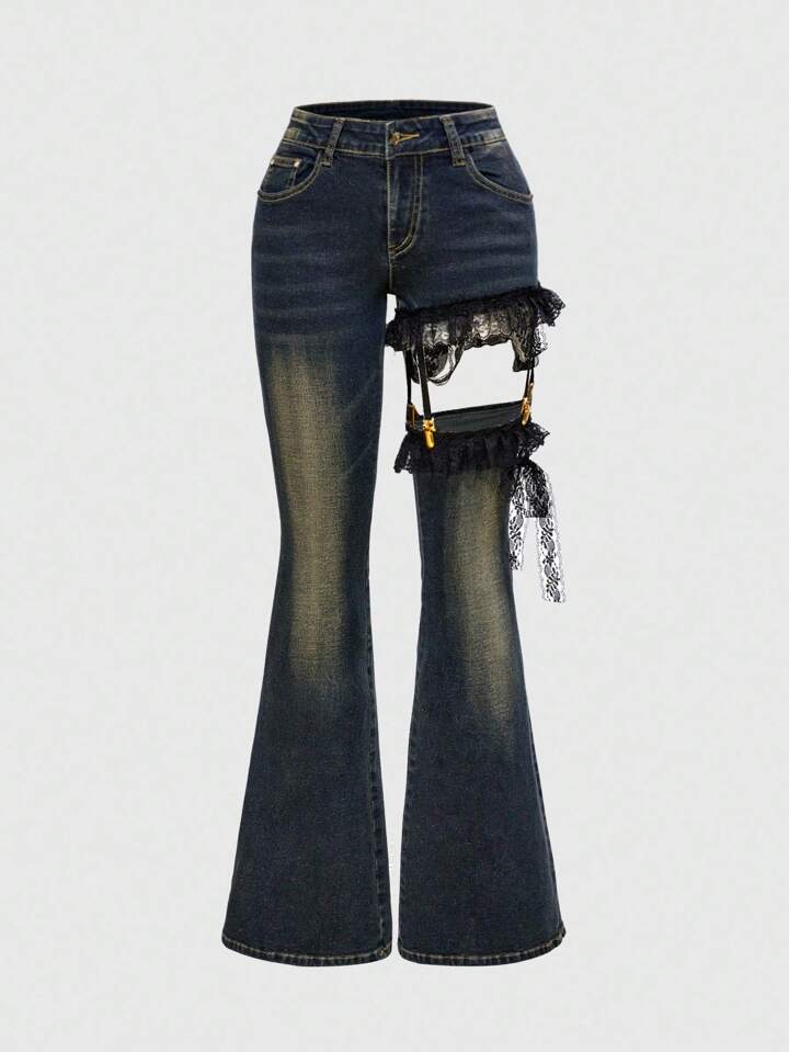 J-Fashion Y2K Gyaru Harajuku Plus Size Lace Patchwork Cross Super Low Waist Skinny Jeans