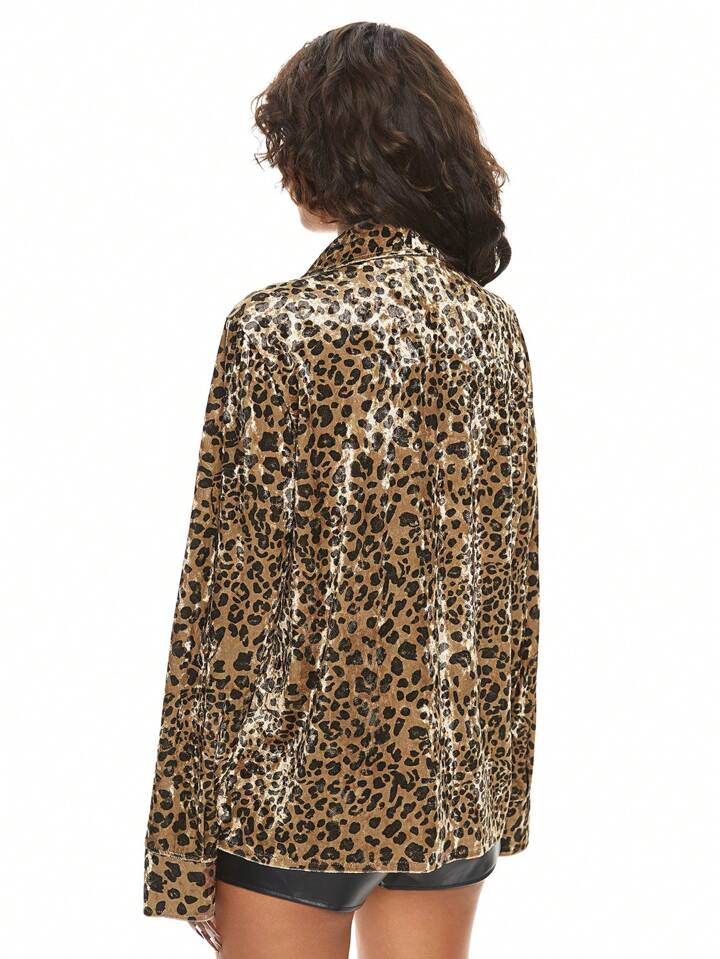 Grunge Punk Street Style Y2K Leopard Print Loose Tie-Front Cropped Pockets Velvet Button-Down Shirt For Women 2 Grunge Punk Street Style Y2K Leopard Print Loose Tie-Front Cropped Pockets Velvet Button-Down Shirt For Women