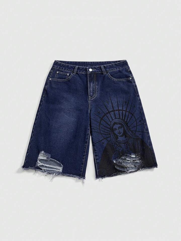 Grunge Punk Grunge Style Portrait Print Distressed Frayed Edge Loose Wide Leg Women's Denim Capri Pants