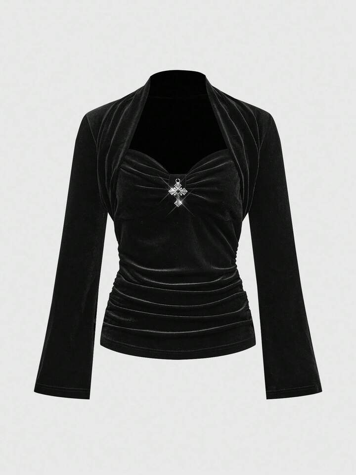 Gothic Cross Decor Flare Sleeve Women's Slim Fit T-Shirt, Halloween